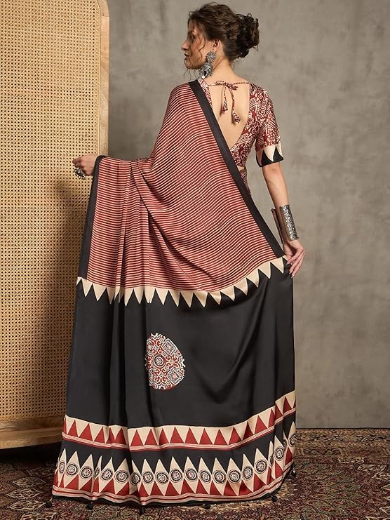 Image of SATIKA VASTRAM Modal Silk Ajrakh Saree Bandhani Design Crepe Printed Designer Pallu Attach Blouse Piece