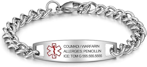 Pulsera de alerta médica personalizada para hombres y mujeres  Pulsera de identificación de emergencia de acero de titanio impermeable con grabado