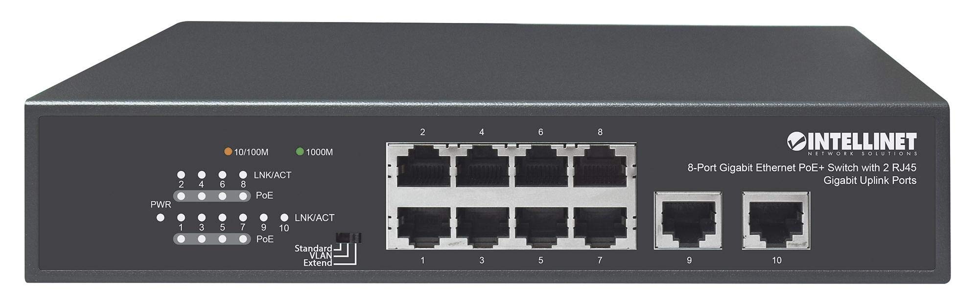 Intellinet 8-Port Gigabit Ethernet PoE+ Switch with 2 RJ45 Gigabit Uplink Ports,120W Power Budget, Manual VLAN Mode, Endspan, Self-Healing Network, Desktop - 3 Yr Mfg Warranty - 561402