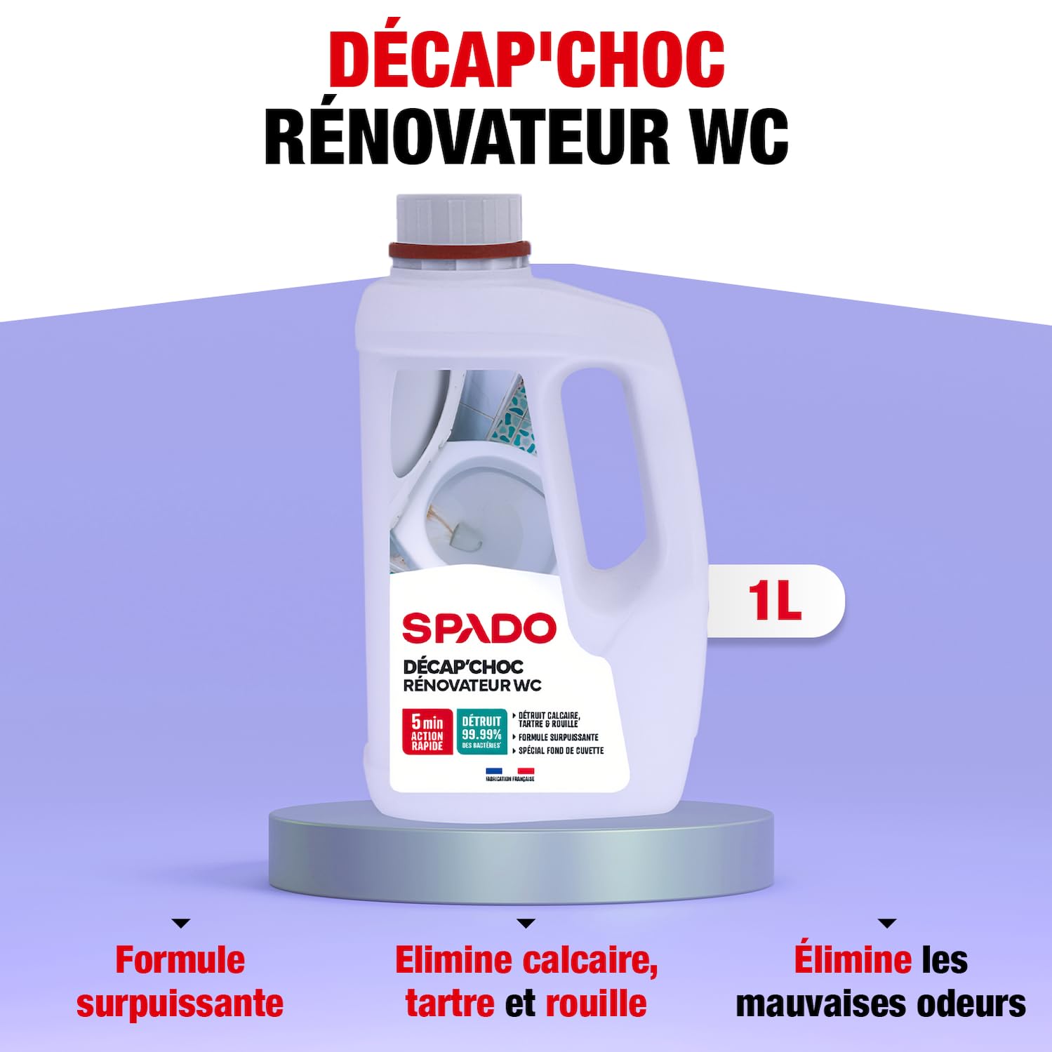 SPADO - Décap'choc rénovateur WC - Formule surpuissante - désinfecte et désodorise - Spécial cuvettes encrassées - Sans danger pour l'émail et canalisations - 3 L - Fabriqué en France