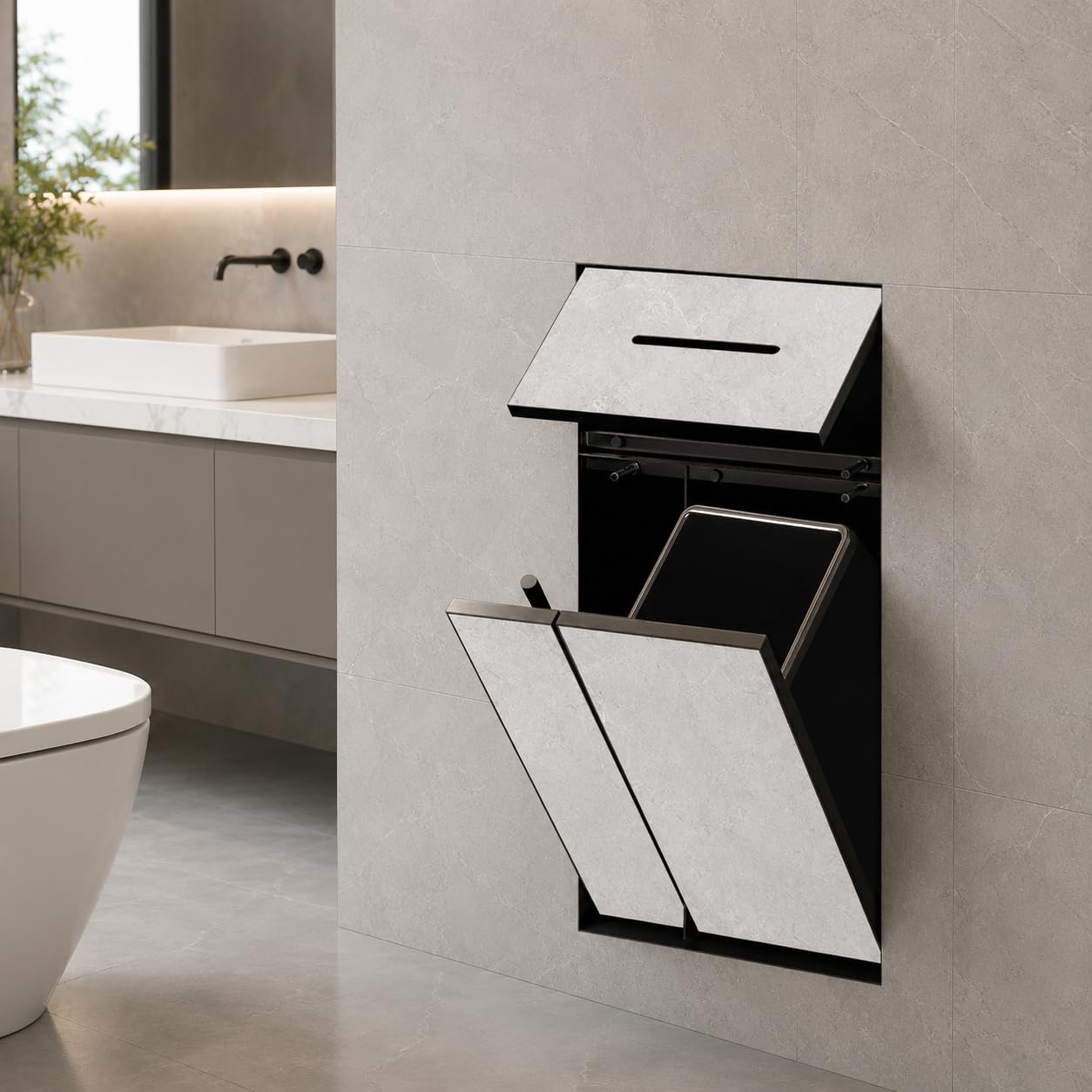 Porta Carta igienica da Incasso 3 in 1, con pattumiera e Porta scopino | Acciaio inossidabile 304, parte anteriore piastrellabile, design pop-up senza maniglie Design salvaspazio Bellezza per bagno