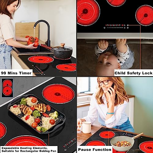 Image of Noxton Electric Cooktop 30 Inch, 8400W 5 Burners Drop-in Radiant Electric Stove Top, Sensor Touch Control, 9 Power Levels, Child Safety Lock, Timer,40Amps 220-240V Hardwire