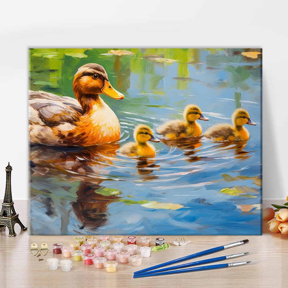 TISHIRON Animal Paint by Numbers Kit for Adults, Family of Ducks in A Pond Paint by Number with Brushes and Pigment, Impressionist DIY Painting Art Crafts, 16x20 Inch