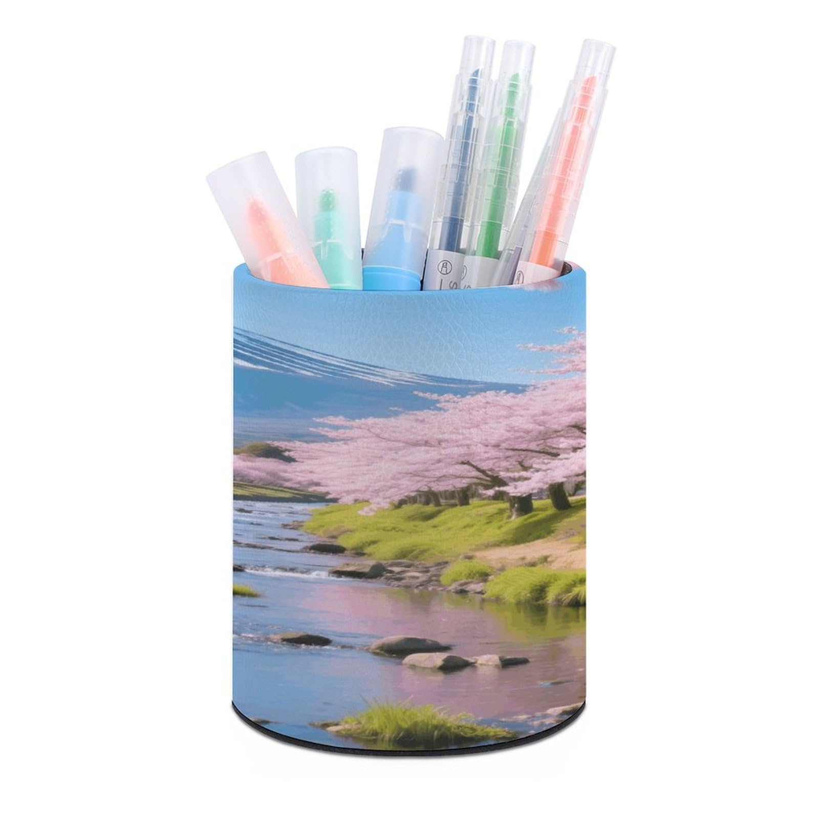 VstaDank Creek Cherry Blossoms Round Pencil Holder Cherry Blossoms Design Pencil Holder Desk Organizer PU Leather Desk Decoration Holder