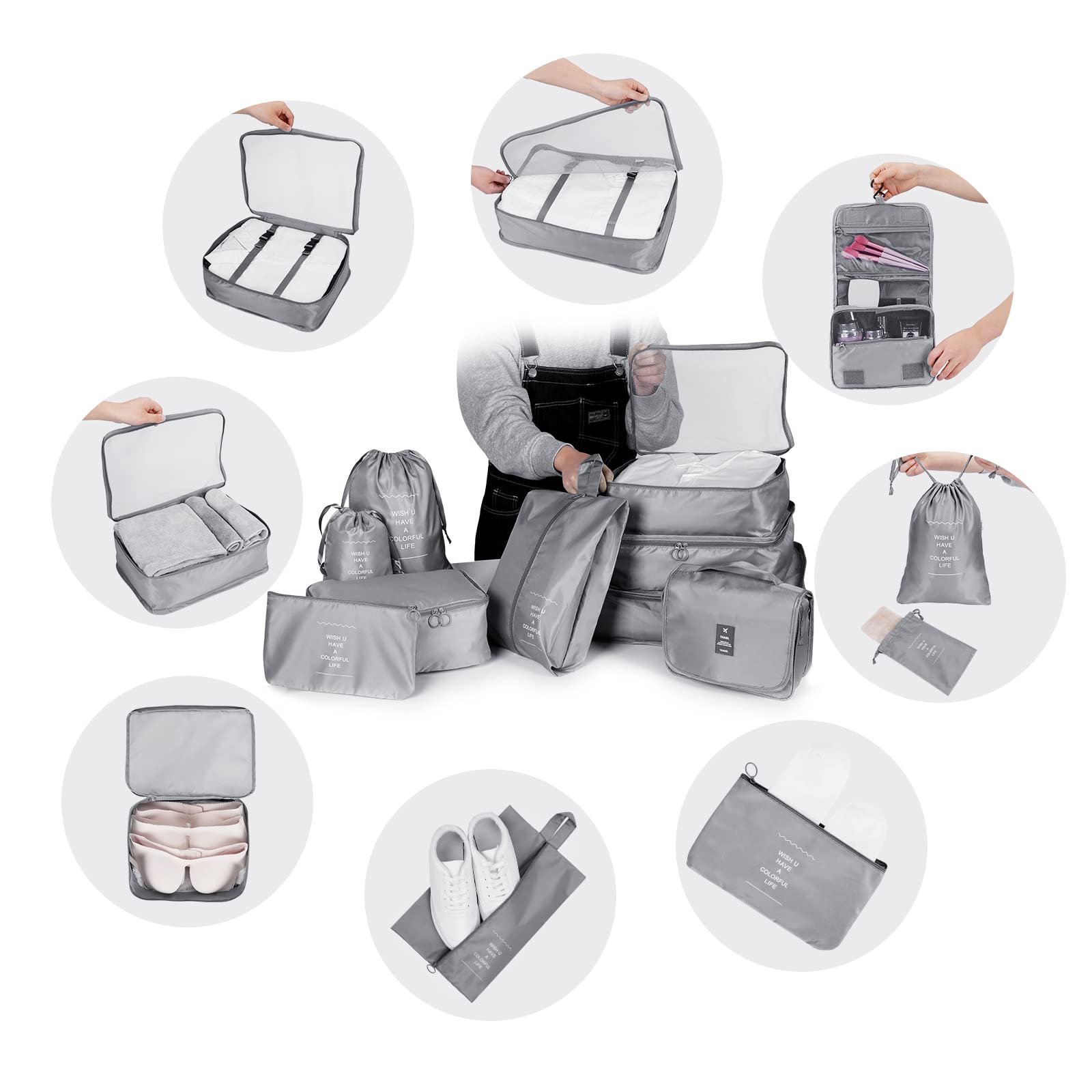 TAMOWA Lot De 9 Organisateurs De Valise Voyage - Packing Cubes Beige, Sacs Rangement Vêtements Chaussures Cosmétiques, Idéal Vacances