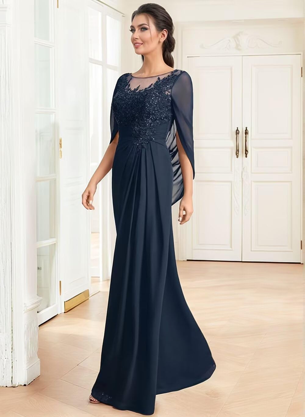 Lace Applique Mother of The Bride Dresses 2026 with Long Sleeves Chiffon A Line Wedding Guest Gowns for Women CH105