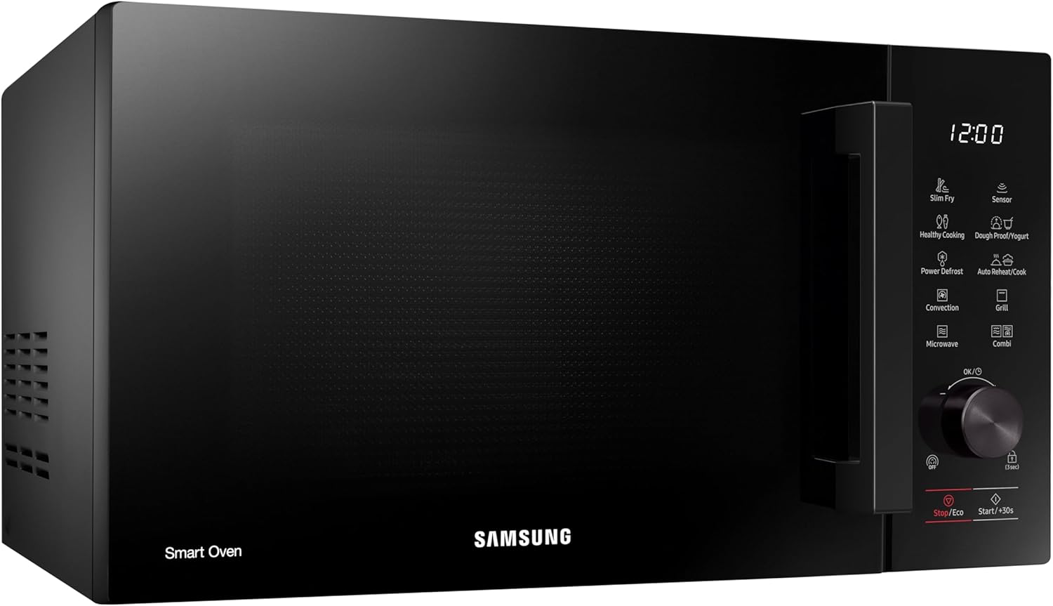 Strana view of the Samsung MC28A5137KK/E1 Convection Microwave Oven, showing the ventilation grilles.
