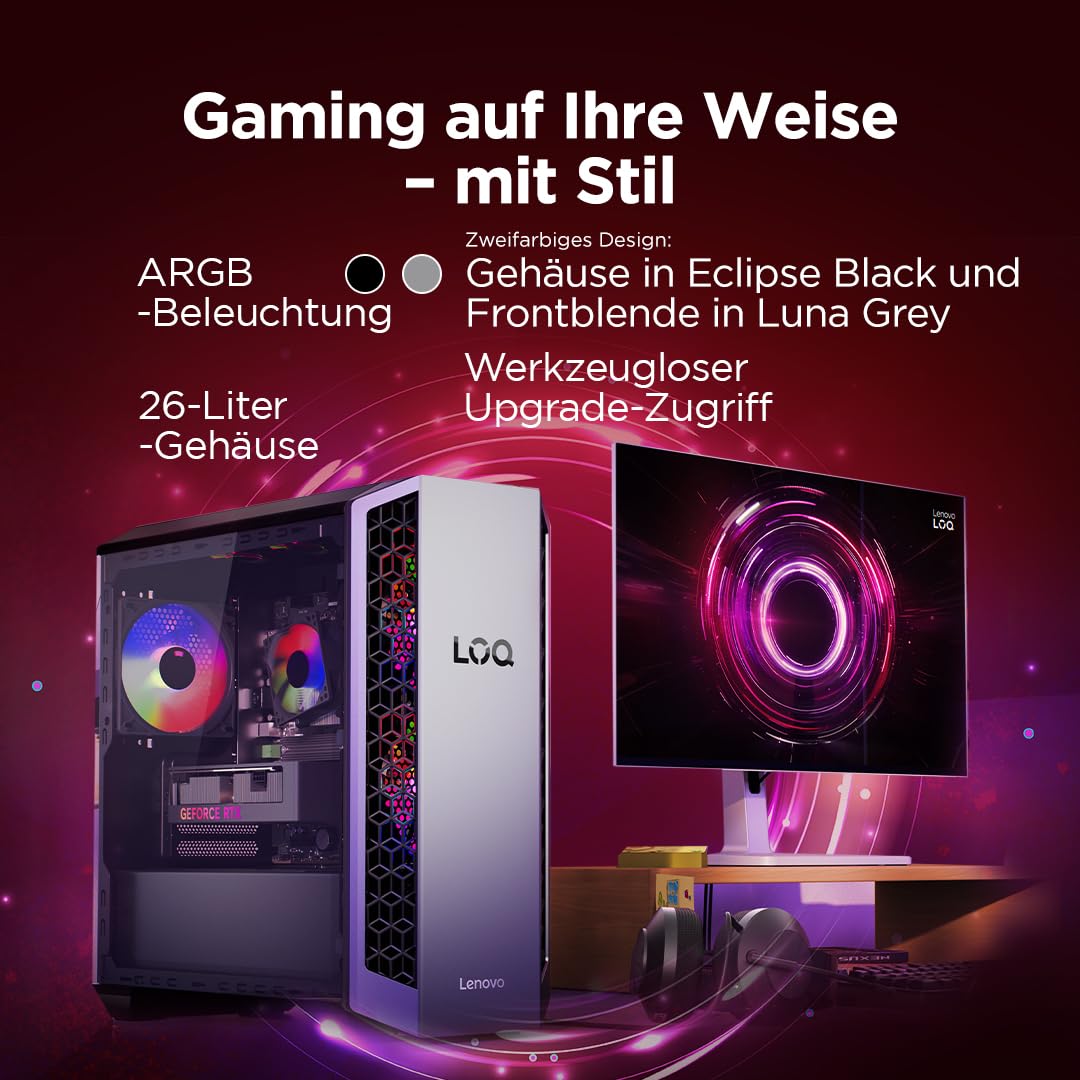 Lenovo LOQ Tower Gaming Desktop-PC | AMD Ryzen 7 8745HX | 16RAM | 1TB | NVIDIA GeForce RTX 5060 | Windows 11 | 26L | Luna Grau-Eclipse Black | 3 Monate GamePass | 3 Monate Premium Care