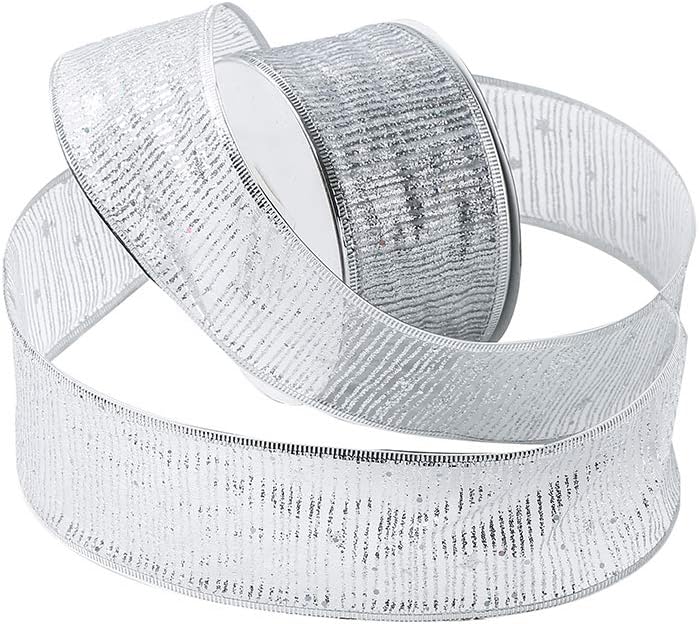 wlflash Glitter Sheer Organza Wired Christmas Ribbon 2.5 Inch x 50 Yards (Stripe,White)