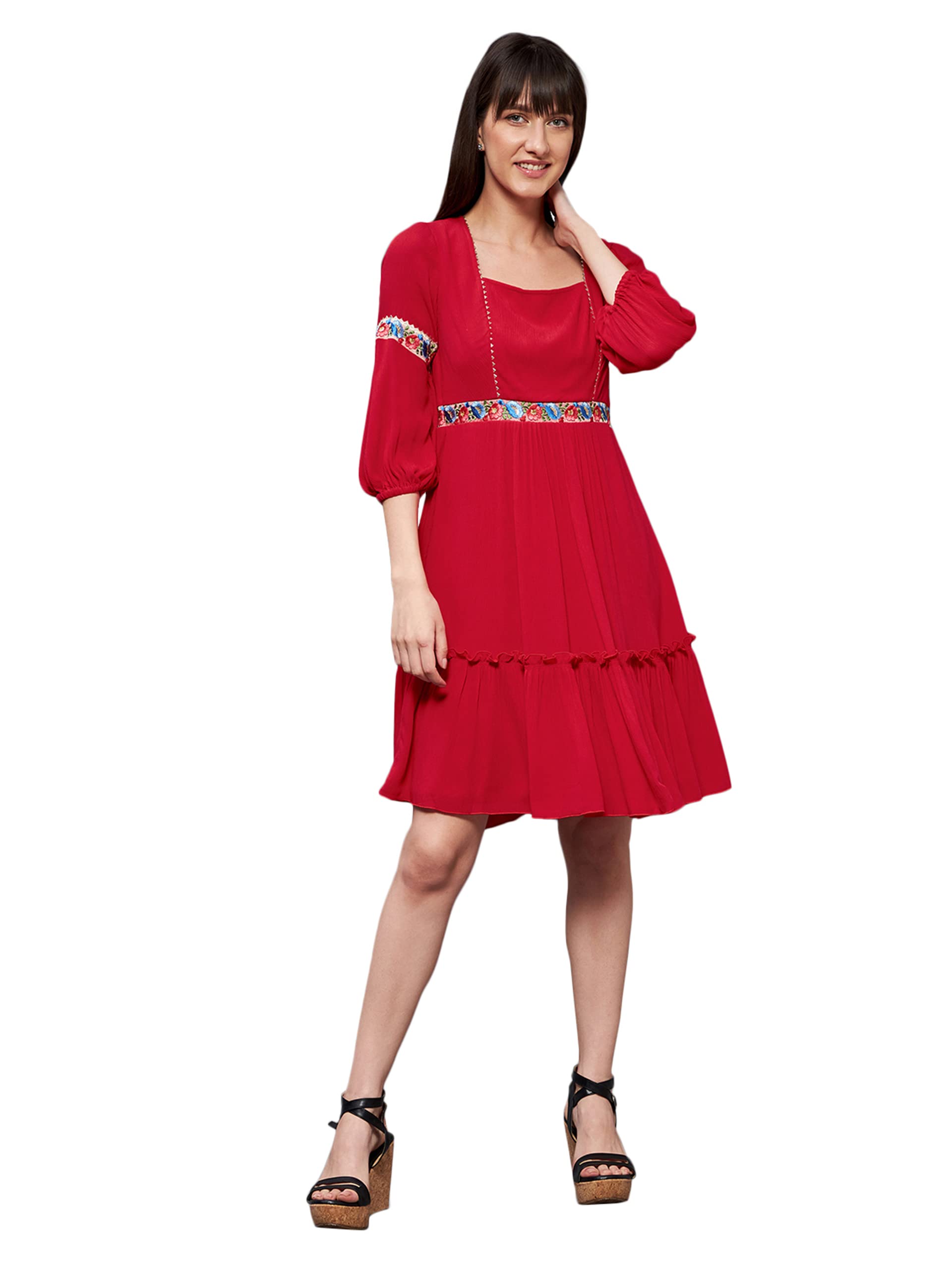 Miss Chase Women's Red Square Neck Bishop Sleeve Viscose Rayon Solid Gathered Midi Dress (Mcss22D16-07-64-02, Red, Xs)