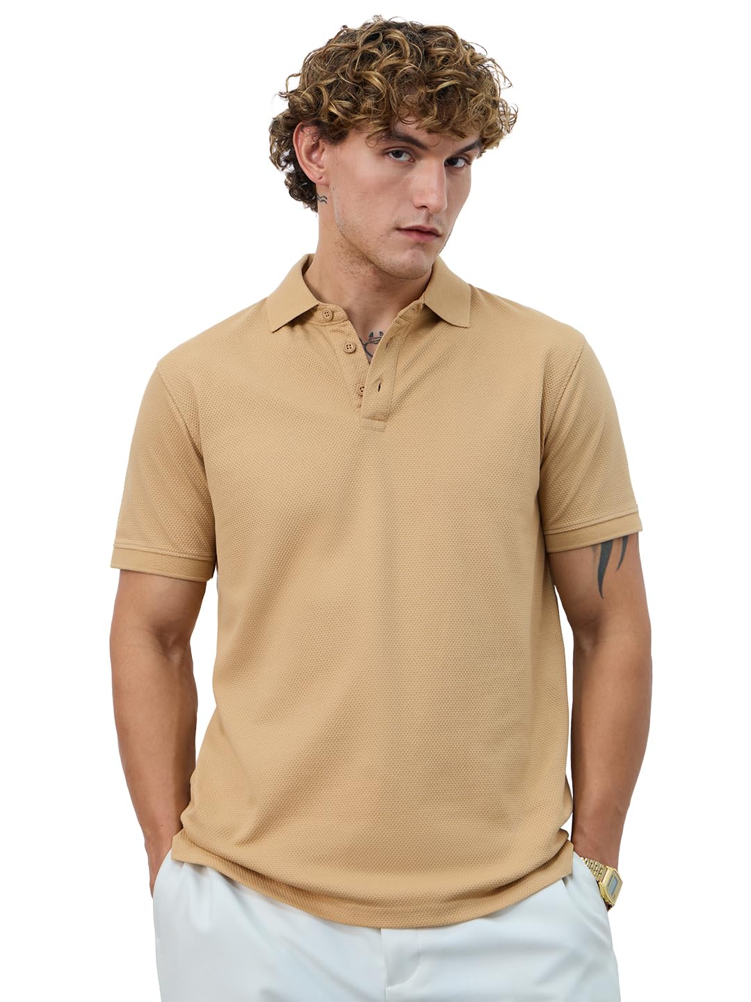 the souled store Textured Polo Shirt: Biscotti Men and Boys Short Sleeves Collared Neck Beige Solid Cotton Blend Regular Fit Polos-picture-15