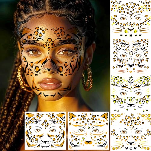 Image of 6 Sheets Glitter Gold Metallic Leopard Print Temporary Tattoos For Face Tattoos Halloween Costume, Realistic Flash Golden Panther Pattern Fake Tattoos Face Makeup Freckles Decals Cosplay Party Favors