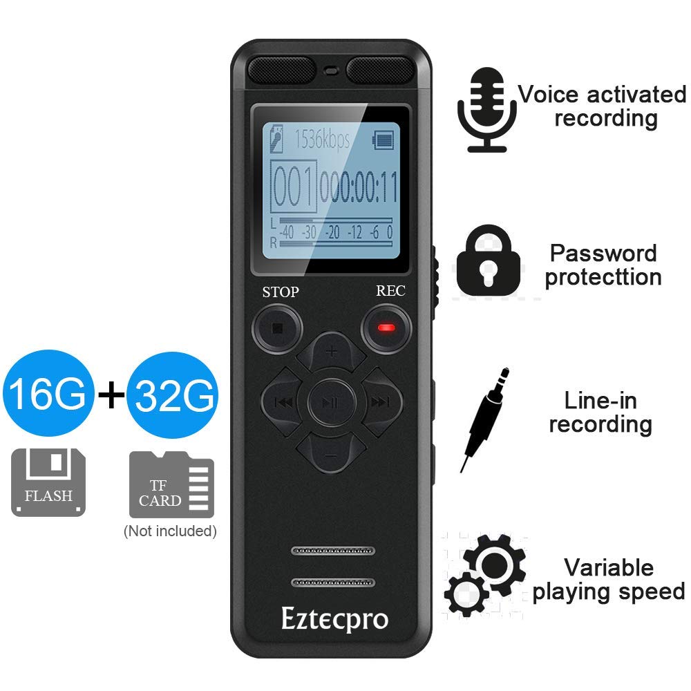16GB Digital Voice Activated Recorder for Lectures - Eztecpro 580 Hours Sound Audio Recorder Dictaphone Voice Activated Recorder Recording Device with Playback,MP3 Player,Password,Variable Speed