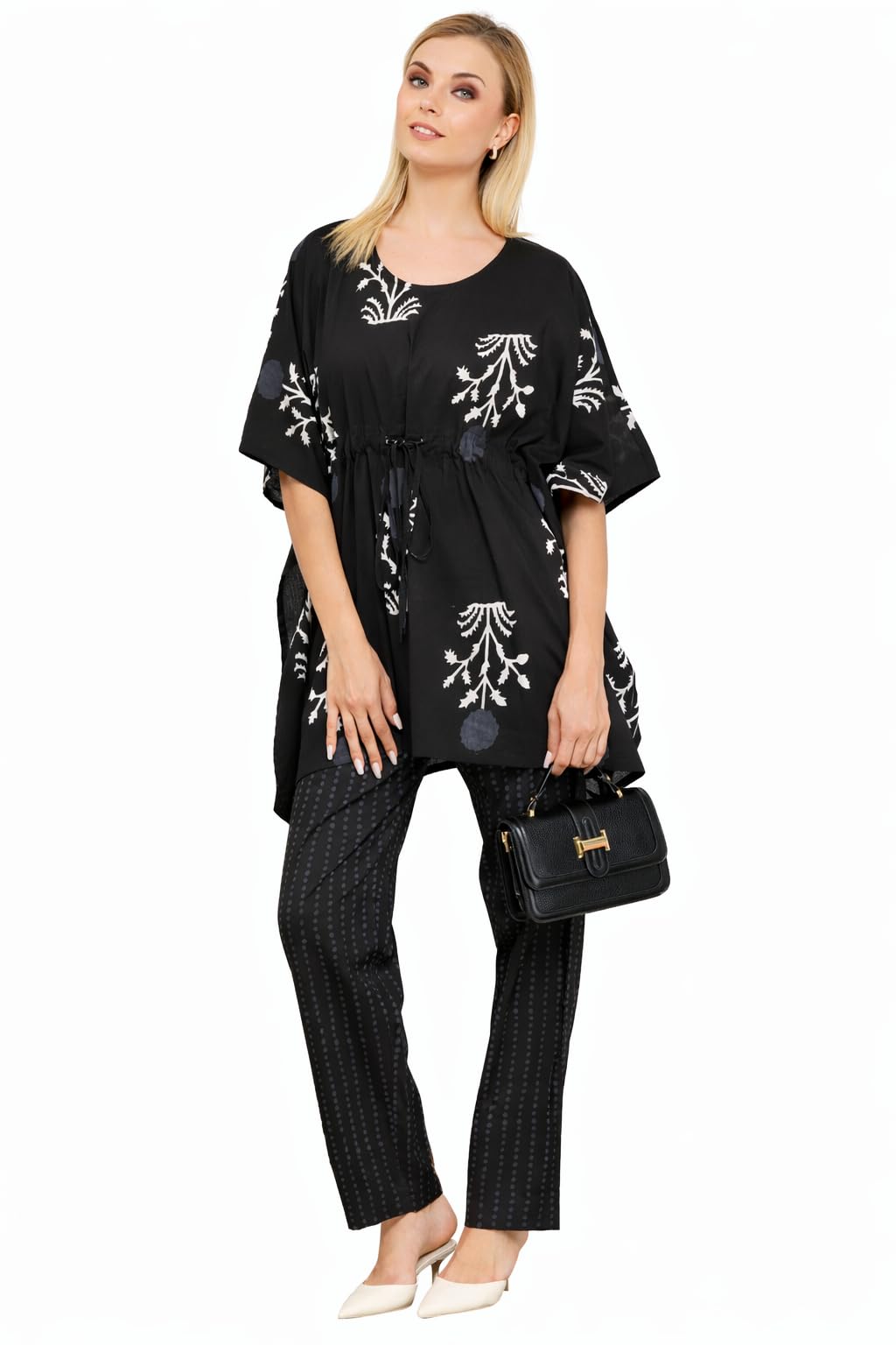 ethnoza Black Printed Kaftan Top with Pant Set for Women-picture-44
