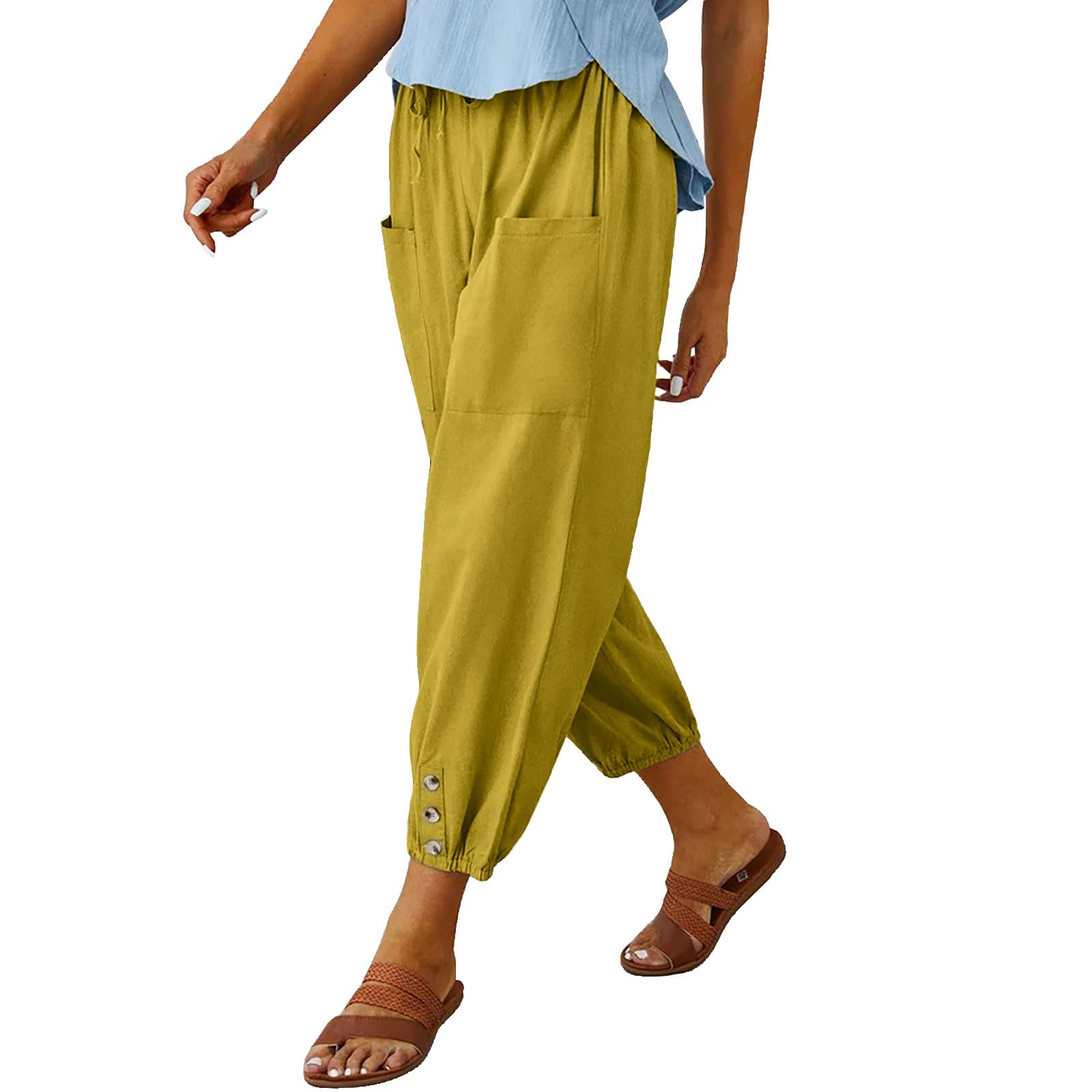 Women Drawstring Capri Pants High Waist Wide Leg Cropped Pants with Pockets Yellow X-Large