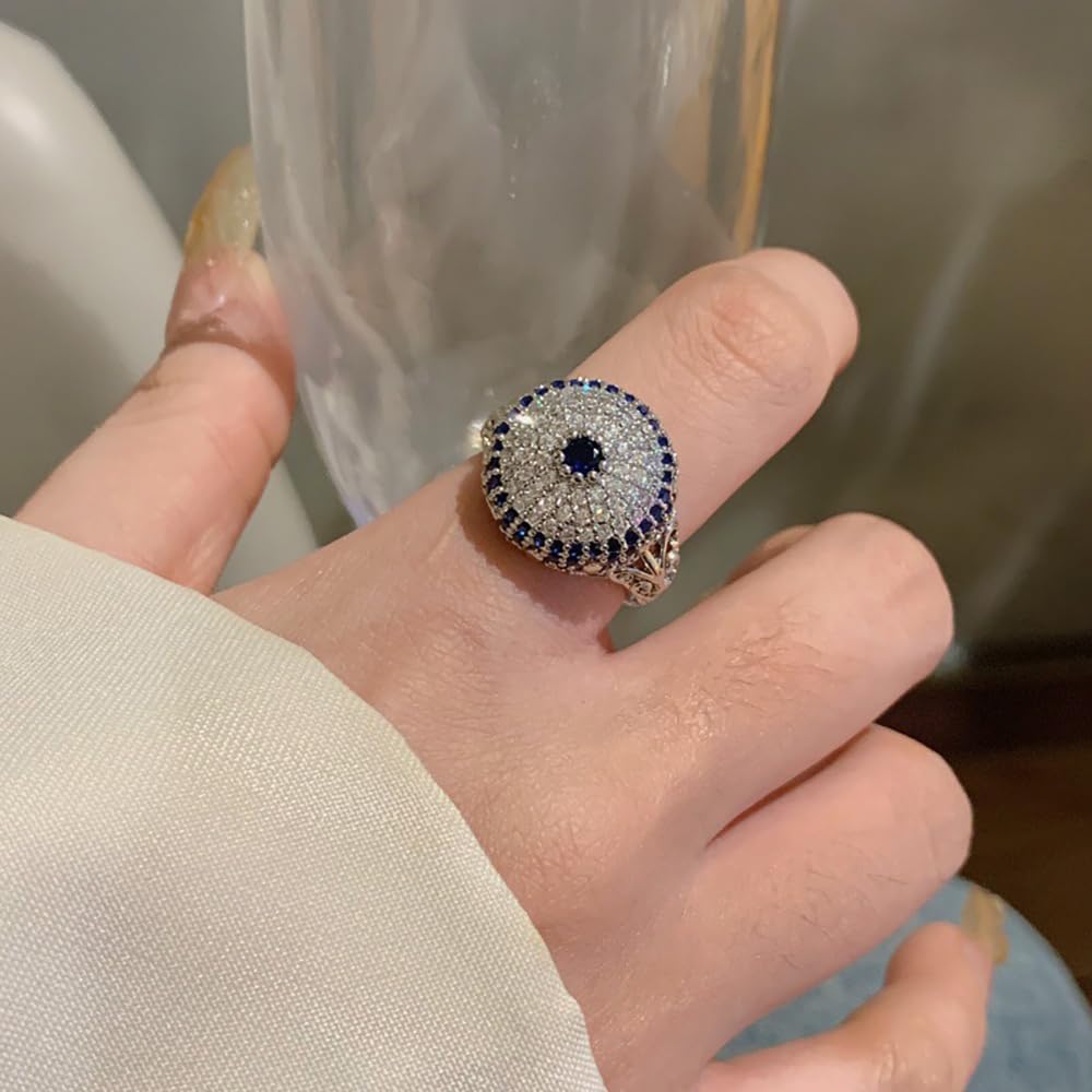 Blue Evil Eye Dome Statement Open Band Ring for Women Crystal Cubic Zirconia Turkish Greek Third Eye Adjustable Stacking Wedding Cocktail Party Rings Dainty Lucky Protection Jewelry - Image 2