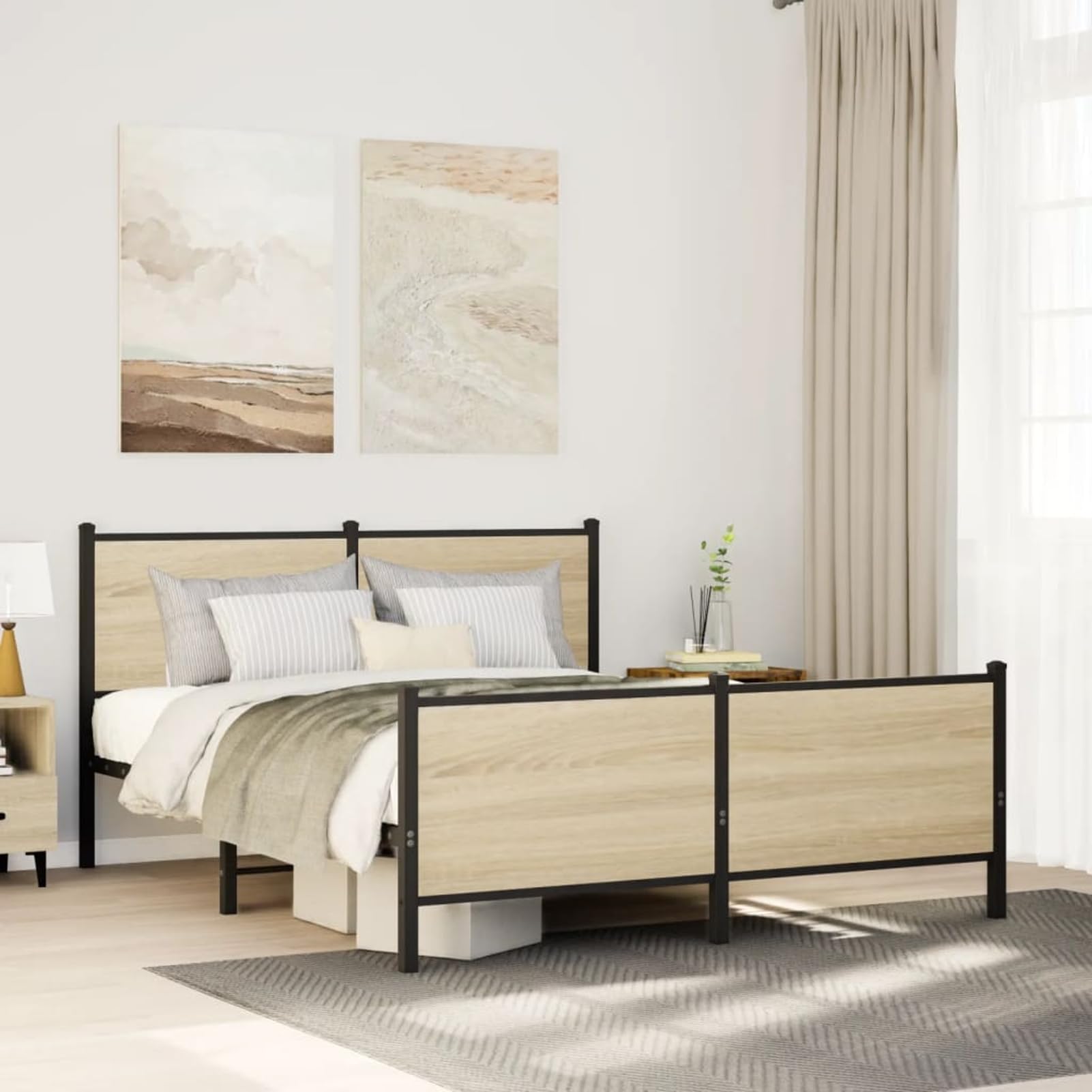 WGYHOME metalowa rama łóżka, 140 x 200 cm, dąb sonoma ze stali ze środkowymi nóżkami i skrzynią pod łóżko, dla dorosłych