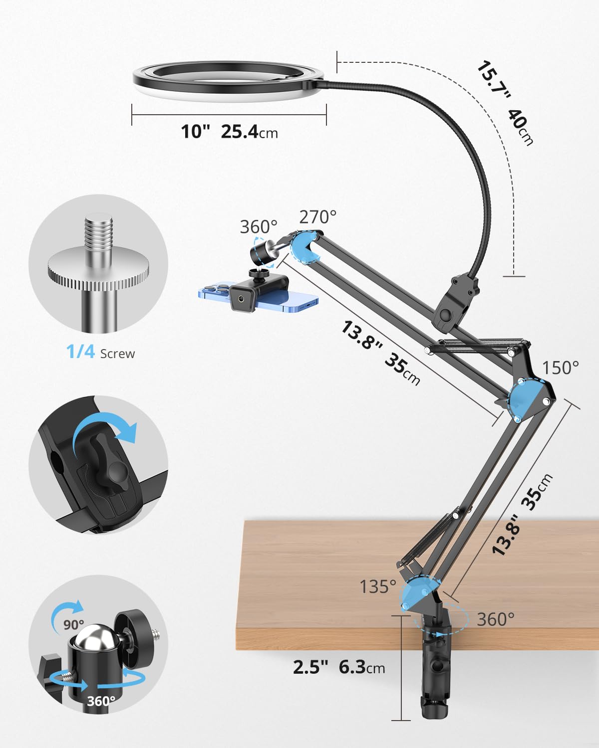 UBeesize Treppiede per cellulare con luce ad anello, 10", per video alimentari | Tubo flessibile treppiede per cellulare con luce ad anello per tavolo con treppiede per YouTube, TikTok, Live Stream, cucina