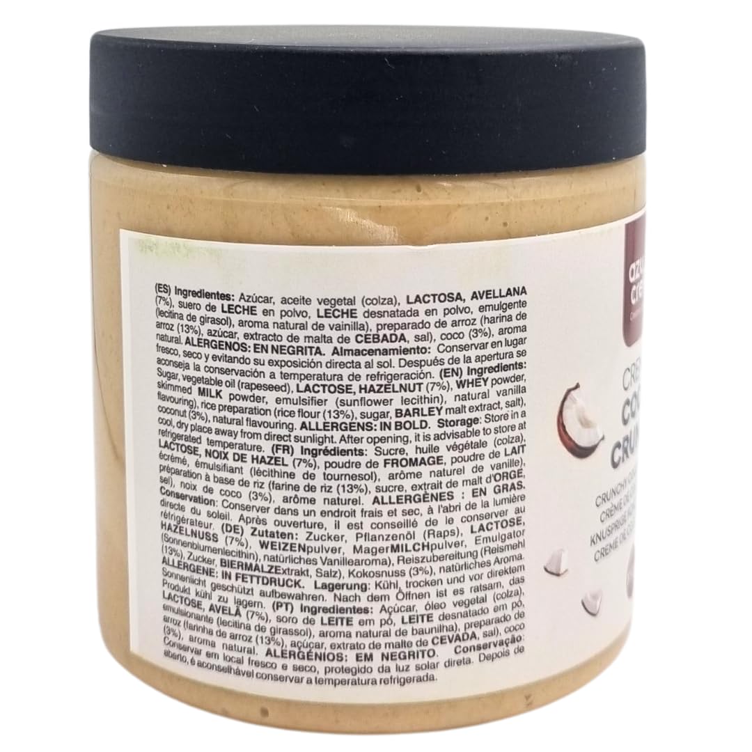 Azucren, Crema de Coco para Untar con Crujiente de Avellana, Crema para Rellenar Tartas, Perfecta para Combinar con tus Desayunos, Meriendas y Aperitivos, Prepara Helados con Coco Crujiente, 300 G
