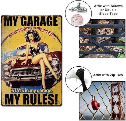 Miniatura 4 de 1 letrero de metal vintage de 11.81 x 7.87 pulgadas, letrero retro de Iron My Garage My Rules de aspecto oxidado, póster para mujer, para el hogar,