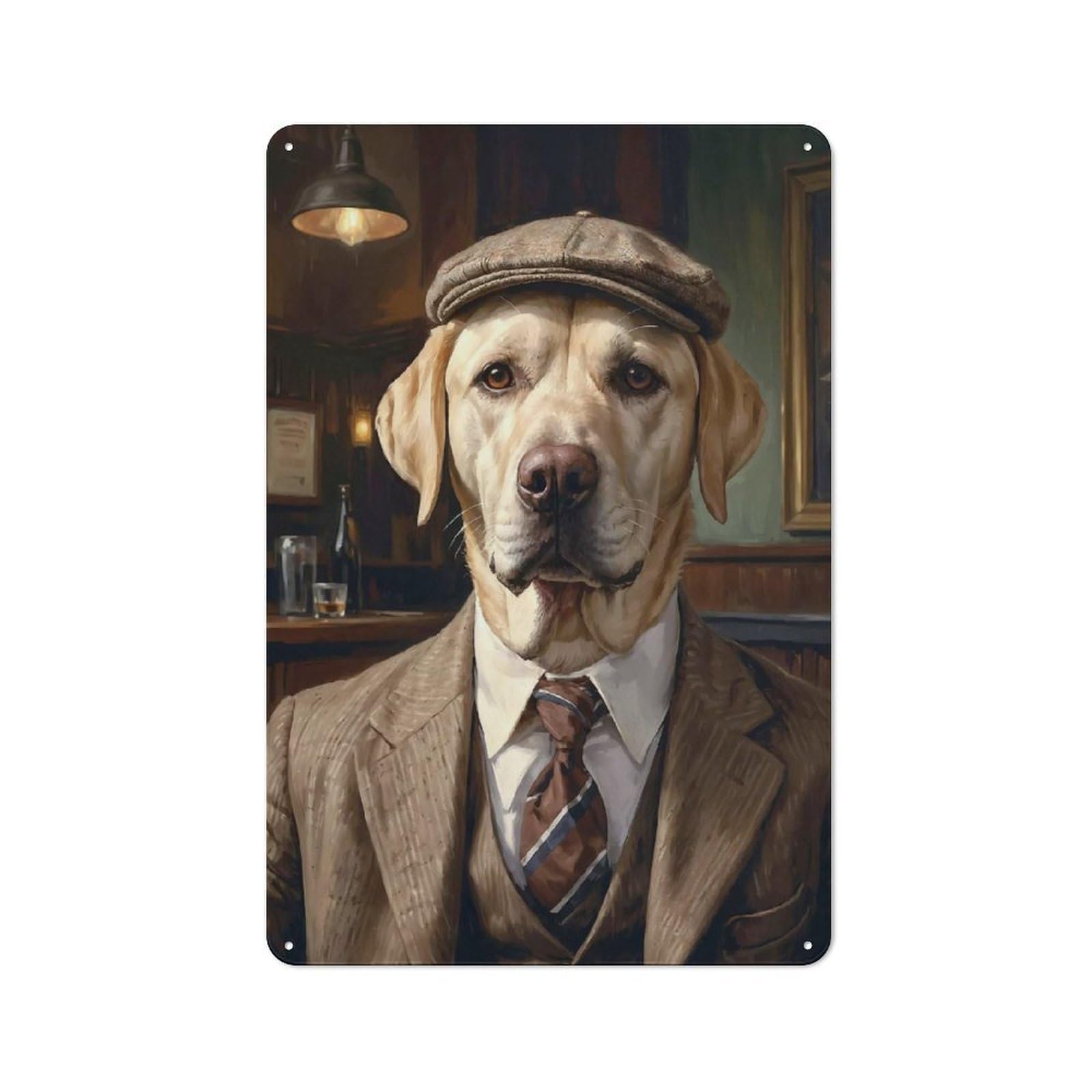 Junmoney Blonde Labrador Dog Wearing A Suit In The Pub Smart Metal Desk Wall Sign 30X20cm, Creative Space Decor For Workspace, Cafe, Shop Or Desk Area