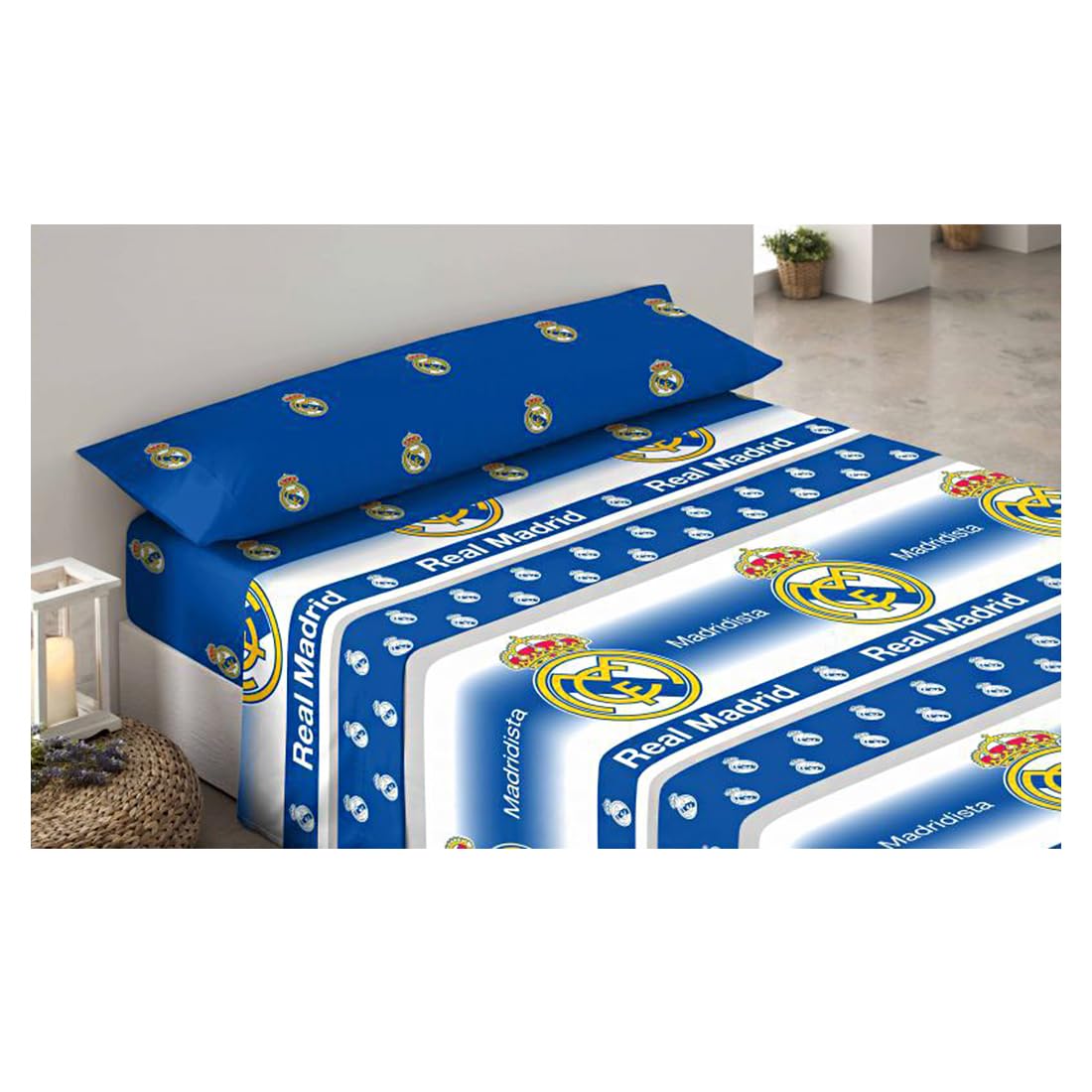 Juego de Cama R. Madrid de Fútbol, 3 Piezas (Bajera, Encimera y Funda de Almohada), Sábanas del Madrid, Regalo R Madrid, Oficial Fútbol Madrid, (Modelo 2, 90 cm)