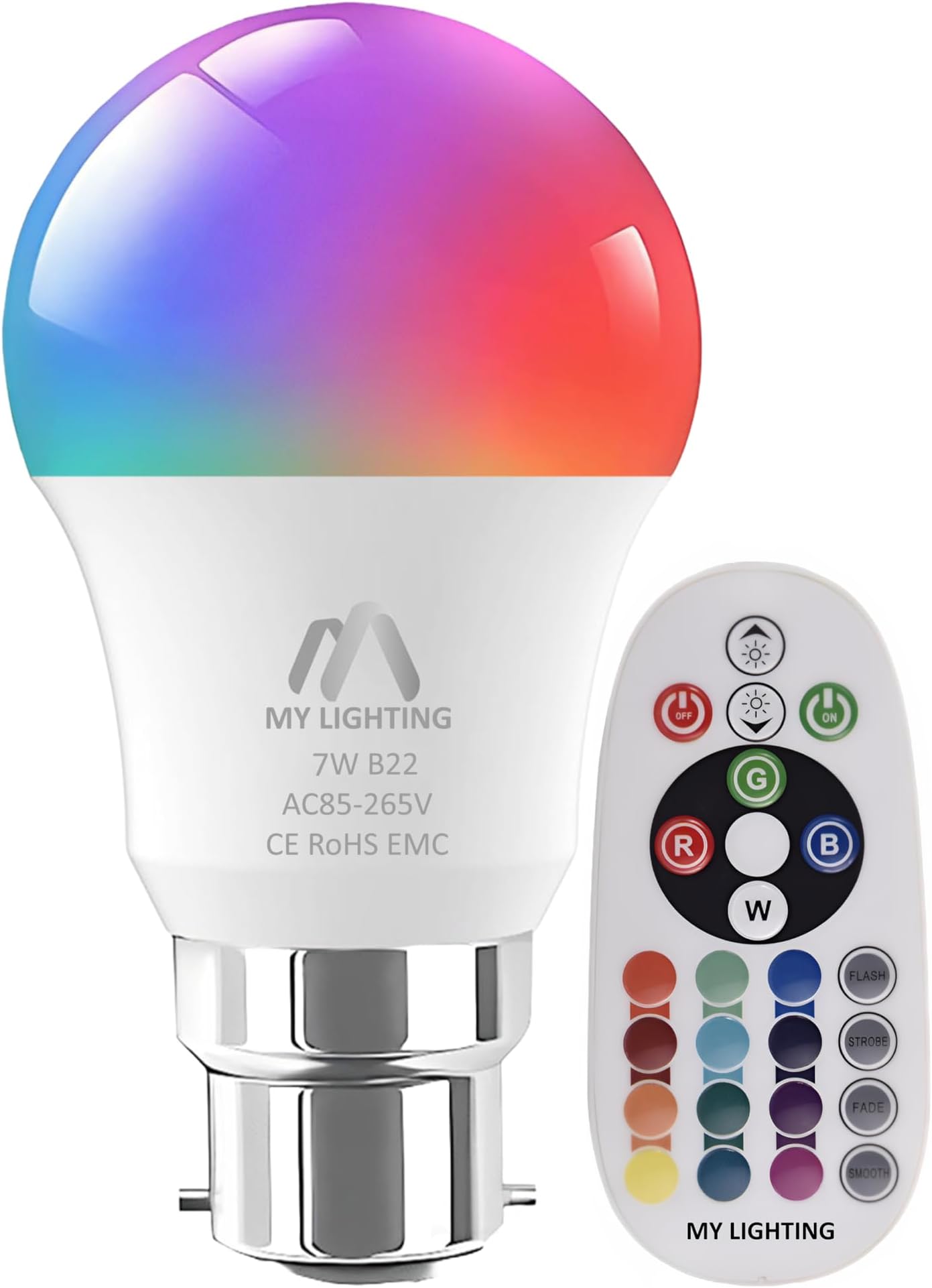 7W B22 LED Bulb | Color Changing RGB + Warm White | Dimmable Bayonet Cap with Remote Control | 16 Million Colors, 806 Lumens | Energy Efficient Mood Lighting for Home Décor (1 Pack)