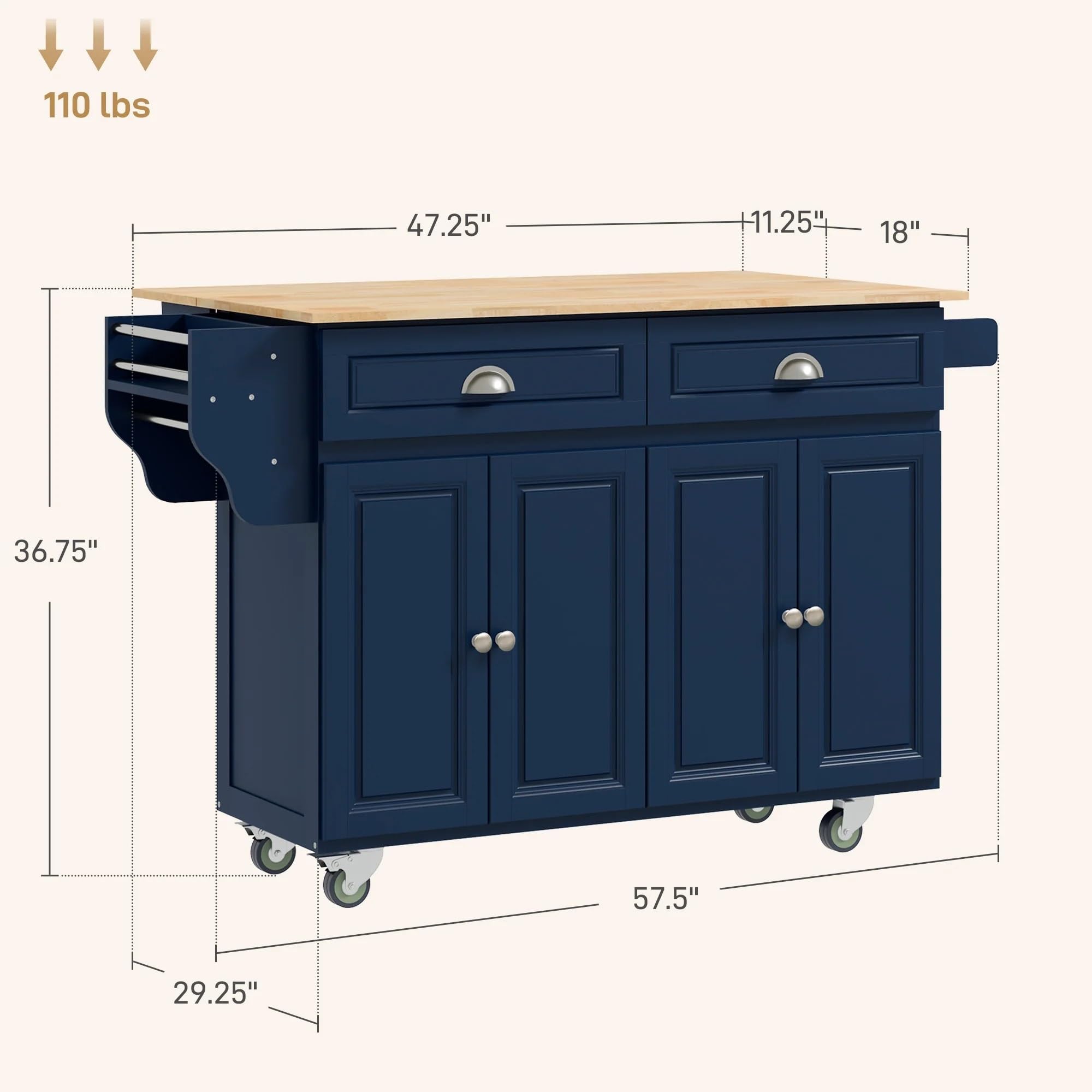 Carrello Carrello portaoggetti moderno con ripiano per isola da cucina da 58" su ruote, nero Carrello Mobile per Bevande