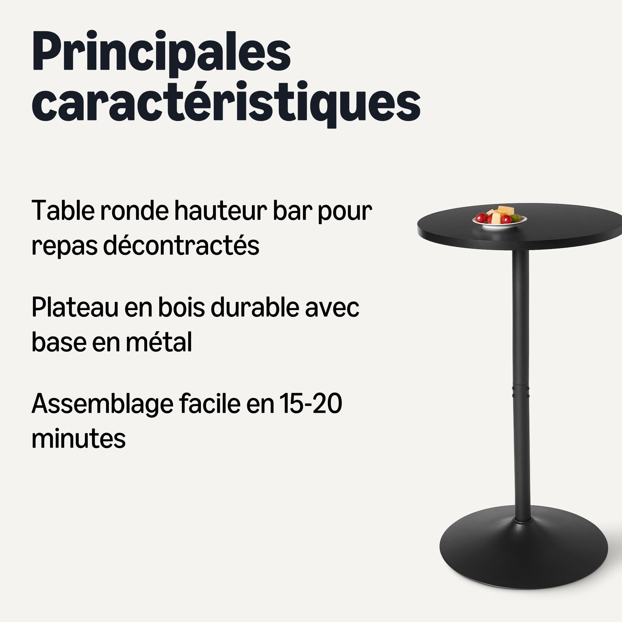 Amazon Basics Table de Bar, Table de Petit-Déjeuner, Table de Bistrot, Ronde, pour Intérieur, 59,9cm x 59,9cm x 106,4cm, Noir
