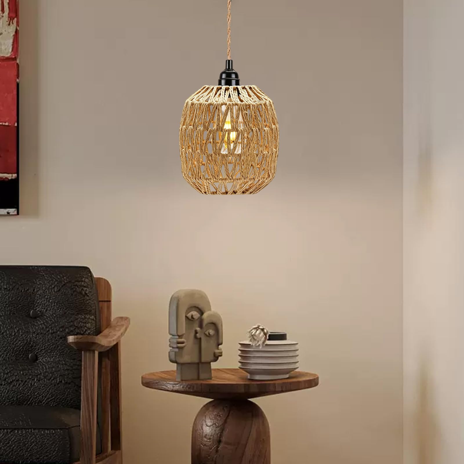 2 Stück E27 Vintage Hängelampe mit Stecker, Retro Pendelleuchte mit 4,5M Kabel und Hanfseil Lampenschirm, Fassung Lampenkabel mit Schalter für Schlafzimmer Foyer Balkon, Ohne Birne