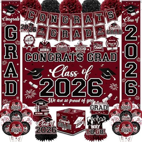 Graduation Decorations 2026 Maroon Party Decor Set with Congrats Grad Banner Class of 2026 Backdrop Balloons Box & Streamers Supplies for High School & College Celebrations