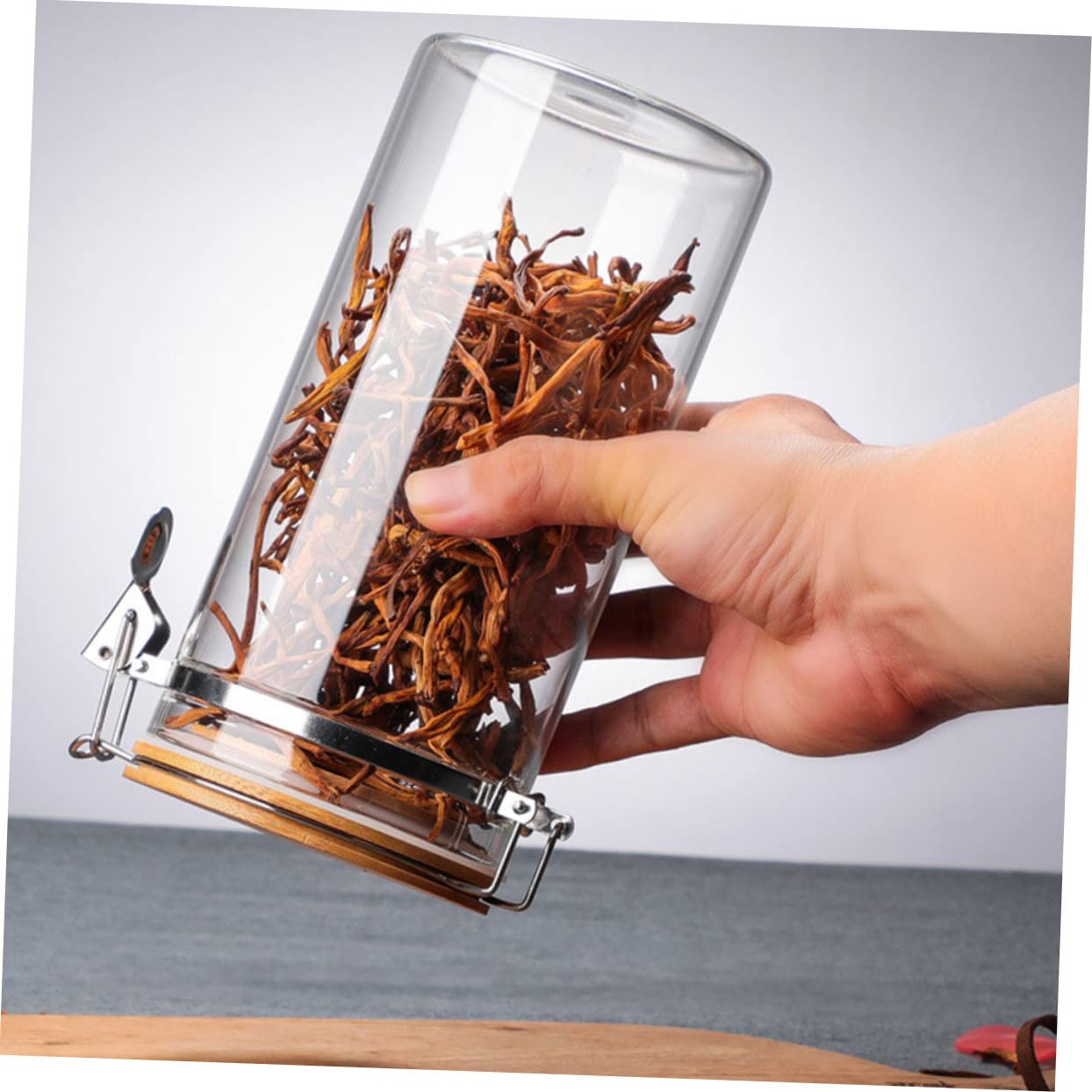 2stücke Vorratsgläser mit Deckel Luftdicht für Tee Süßigkeiten Mehl Getreide Transparente Aufbewahrungsboxen Holz Edelstahl Glas Langlebig für Küche Schreibtisch