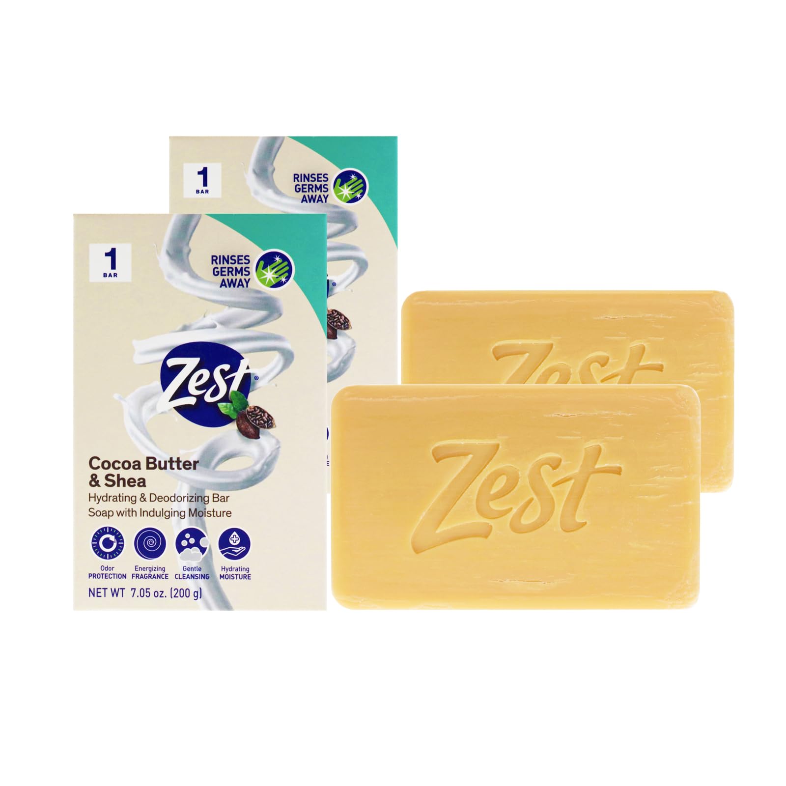 Zest Deodorant Bar Soap - Cocoa Butter and Shea - Moisturizing Body Soap Bar for Men and Women