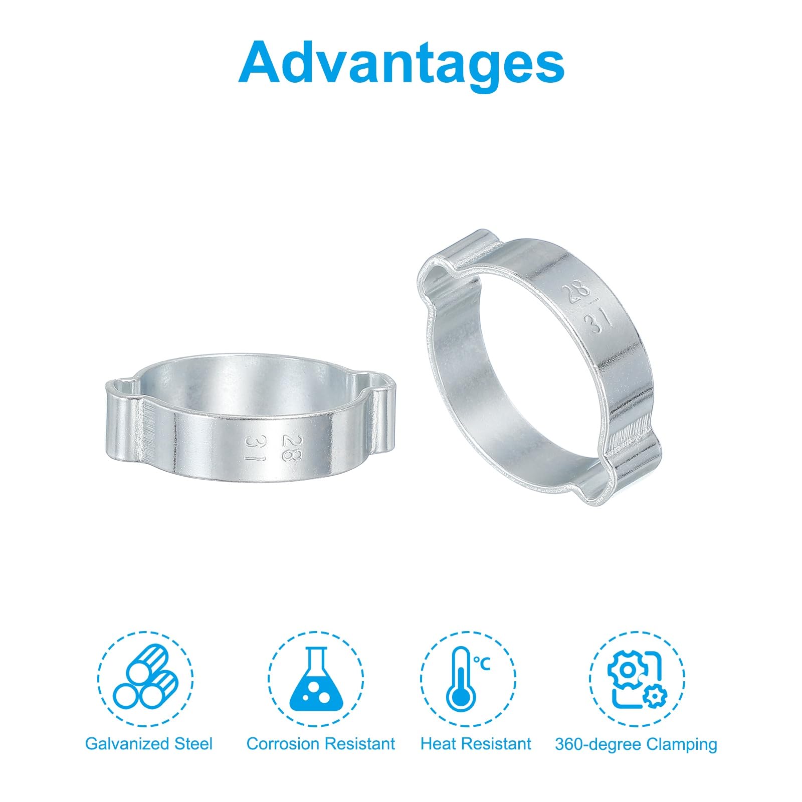 PATIKIL 25 Pack 28-31mm Double Ear Hose Clamp, Galvanized Steel O Clip Crimp Rings for Fuel Petrol Pipe Tube Fitting Connections, Silver Tone - Image 3