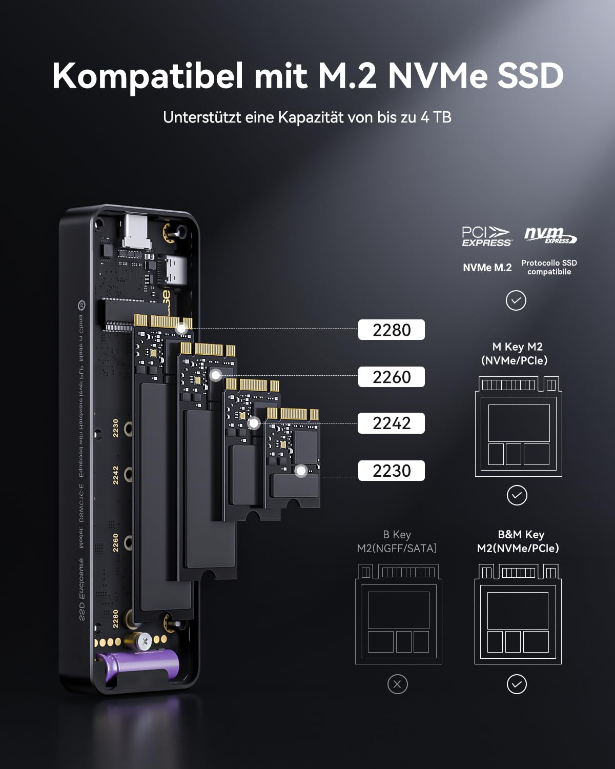 DOCKCASE Explorer Edition Smart M2 SSD Gehäuse - 10s Stromausfallschutz, NVMe Gehäuse, SSD-Gesundheitserkennung, Zwei Type-C-Anschlüsse USB-C 3.2 Gen 2 (10Gbps) für NVMe SSDs bis zu 4TB Schwarz