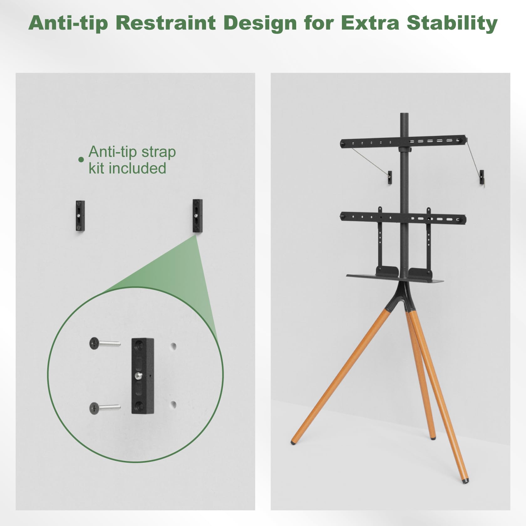 UPGRAVITY Cavalletto per TV a schermo piatto da 45-65", treppiede regolabile in altezza con ripiano soundbar, supporto da pavimento portatile per TV con fascette per cavi, girevole a 180°, max. VESA