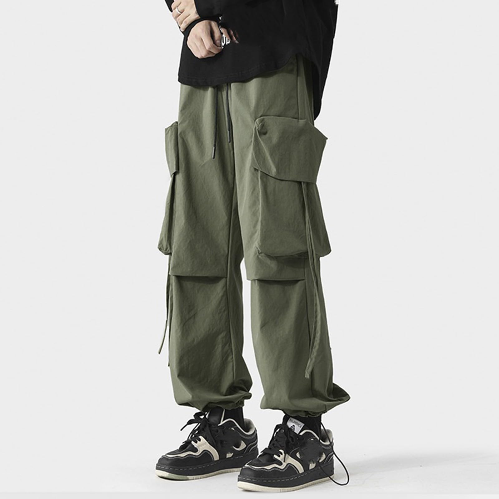 Generisch Pantalones cargo para hombre: pantalones de trabajo con cordón para exteriores con puños, pantalones de ocio, ropa urbana, pantalones de paracaídas, ligeros, pantalones funcionales