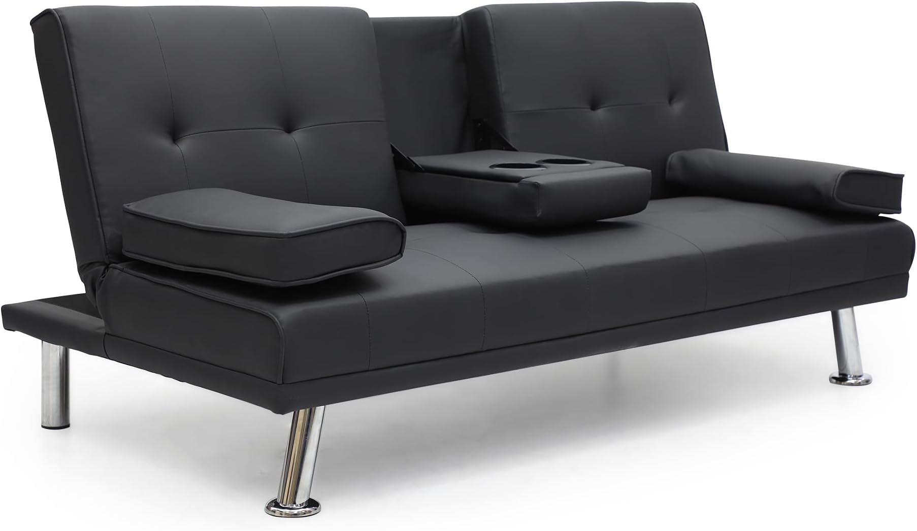 Modern Design SOFA CUM BED MH-1038-BLK OR 3 Seater Sofa with Cup Holder Soft PU leather 3-Seater Sofa,Made of finiest Pu Leather sofa cum bed is Foldable Futon Bed for Living Room – bLACK