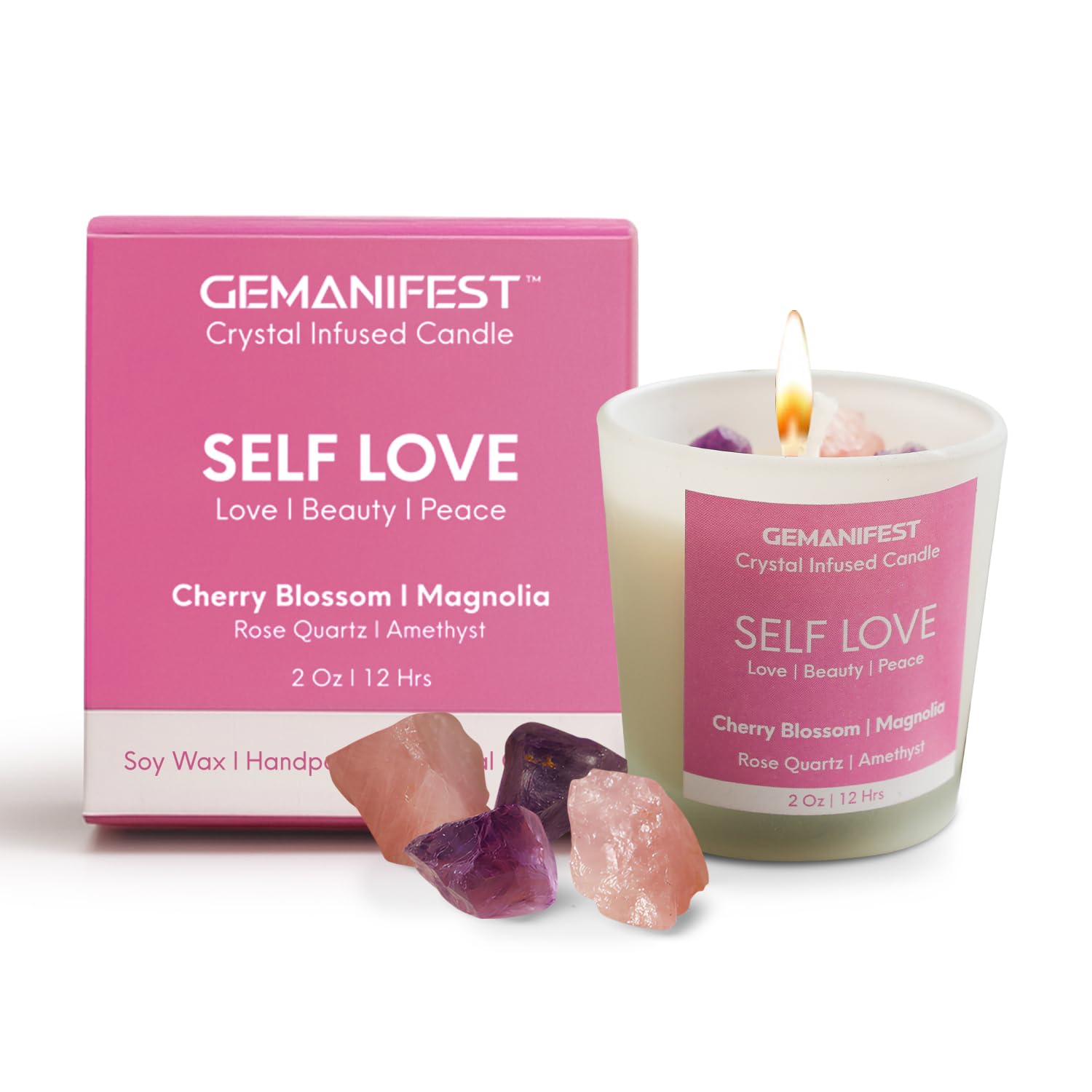 Self Love Manifestation Candle, Cherry Blossom & Magnolia Scented Soy Candle with Rose Quartz & Amethyst, Valentine's Gift for Her/Him, Women's Wellness & Spiritual Healing