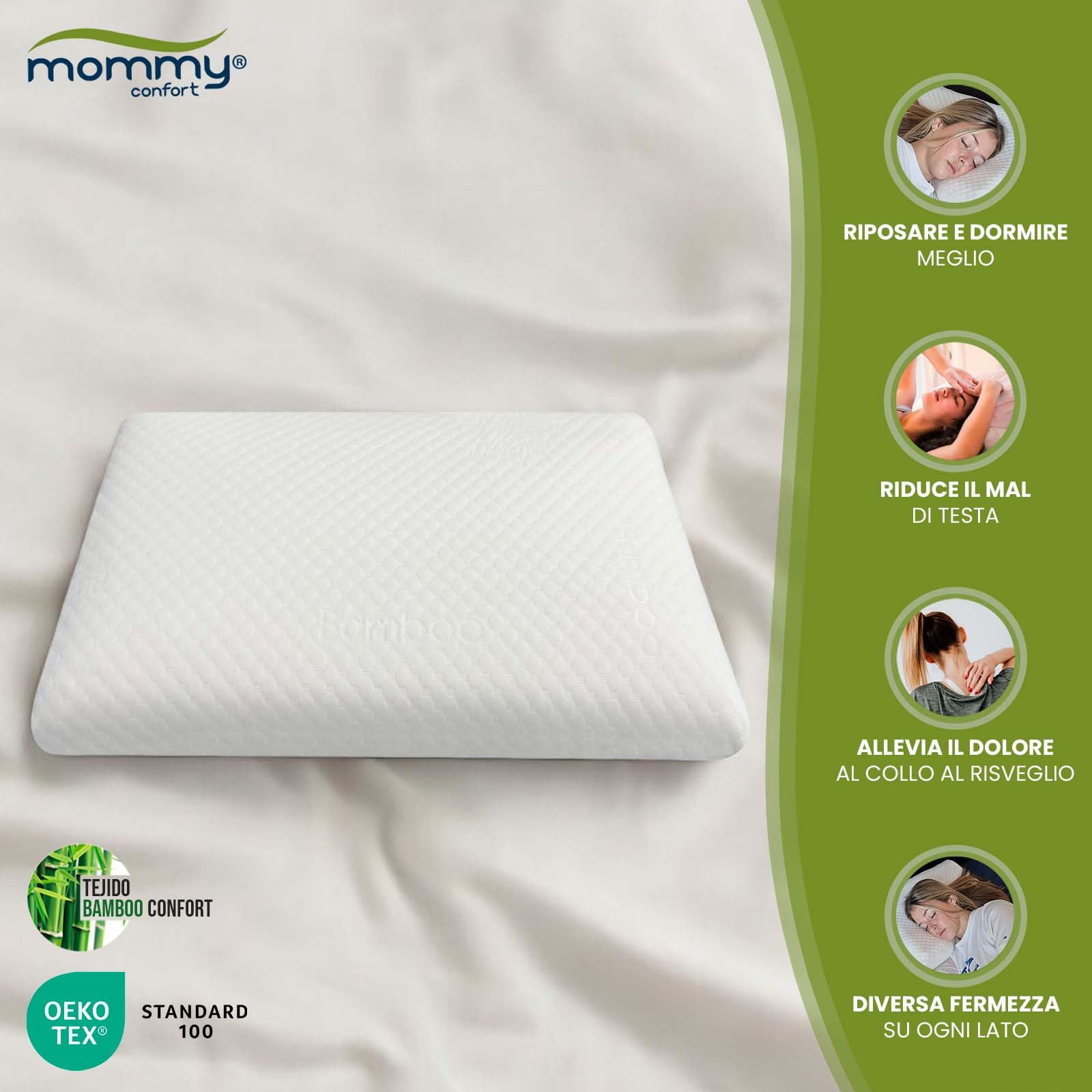 Cuscino Memory Foam 60X40 Premium Doppia Densità Lato Bianco Morbido Lato Grigio Medio Fodera In Bambù Lavabile Con Cerniera Copertura Interna Prodotto In Europa Certificato