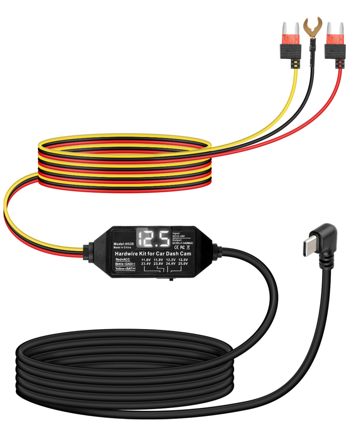 Dash Cam Hardwire Kit 12V-24V to 5V 3A USB C Dash Camera Hardwire Kit with Digital Display and