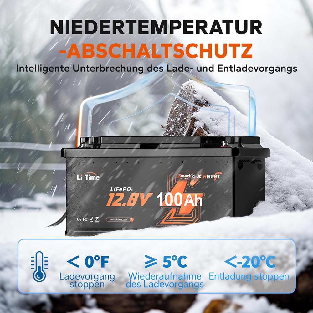 LiTime 12V 100Ah LiFePO4 Batterie Bluetooth H190, Wohnmobil-Untersitz DIN H8 L5 Größe Gruppe 49, 100A BMS 1280Wh Lithium Akku Tieftemperaturschutz Max. 15000 Zyklen, Perfekt für Camping, RV