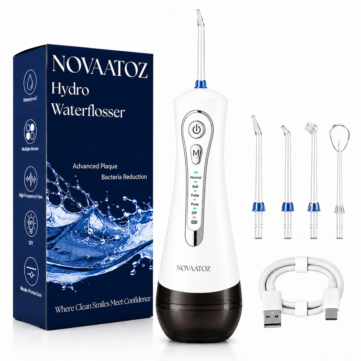 Hydro Advance 2.0 - Irrigador dental inalámbrico para limpieza de dientes, chorro de precisión de 0.6 mm, 4 modos de presión, tanque de 320 ml IPX7 impermeable, 4 boquillas (blanco)