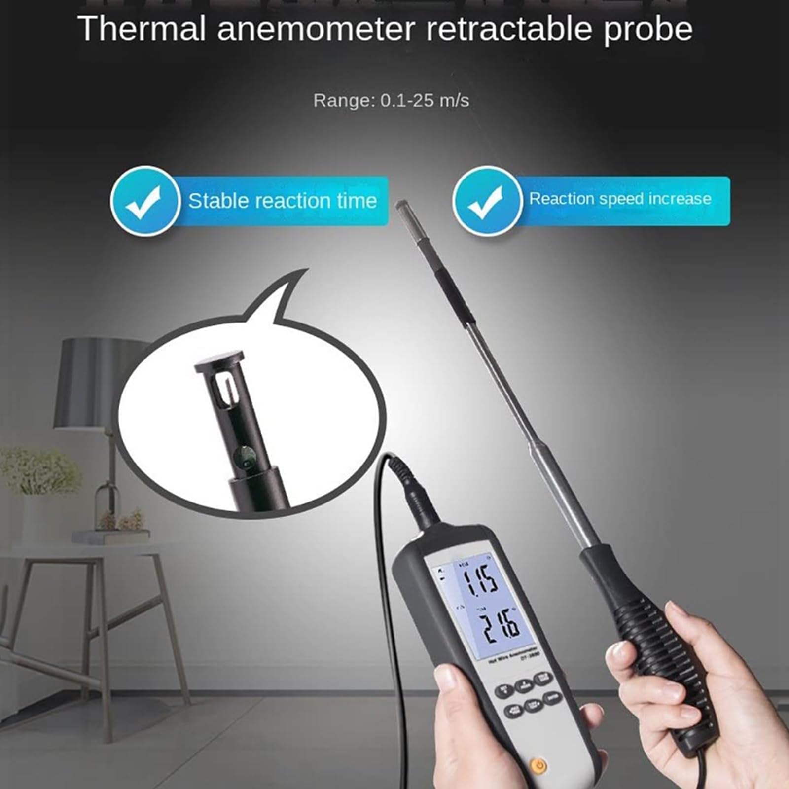 COYEUX Anemómetro de Alambre Caliente, Velocidad del Viento 0,1~25,0 m/s, Pantalla LCD con retroiluminación, para Pruebas ambientales, transportadores de Aire, Campanas de Flujo