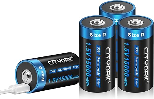 Baterías de litio D recargables USB de 1.5 V 10000 mAh, batería de iones de litio de celda D de salida constante, paquete de 4, carga rápida