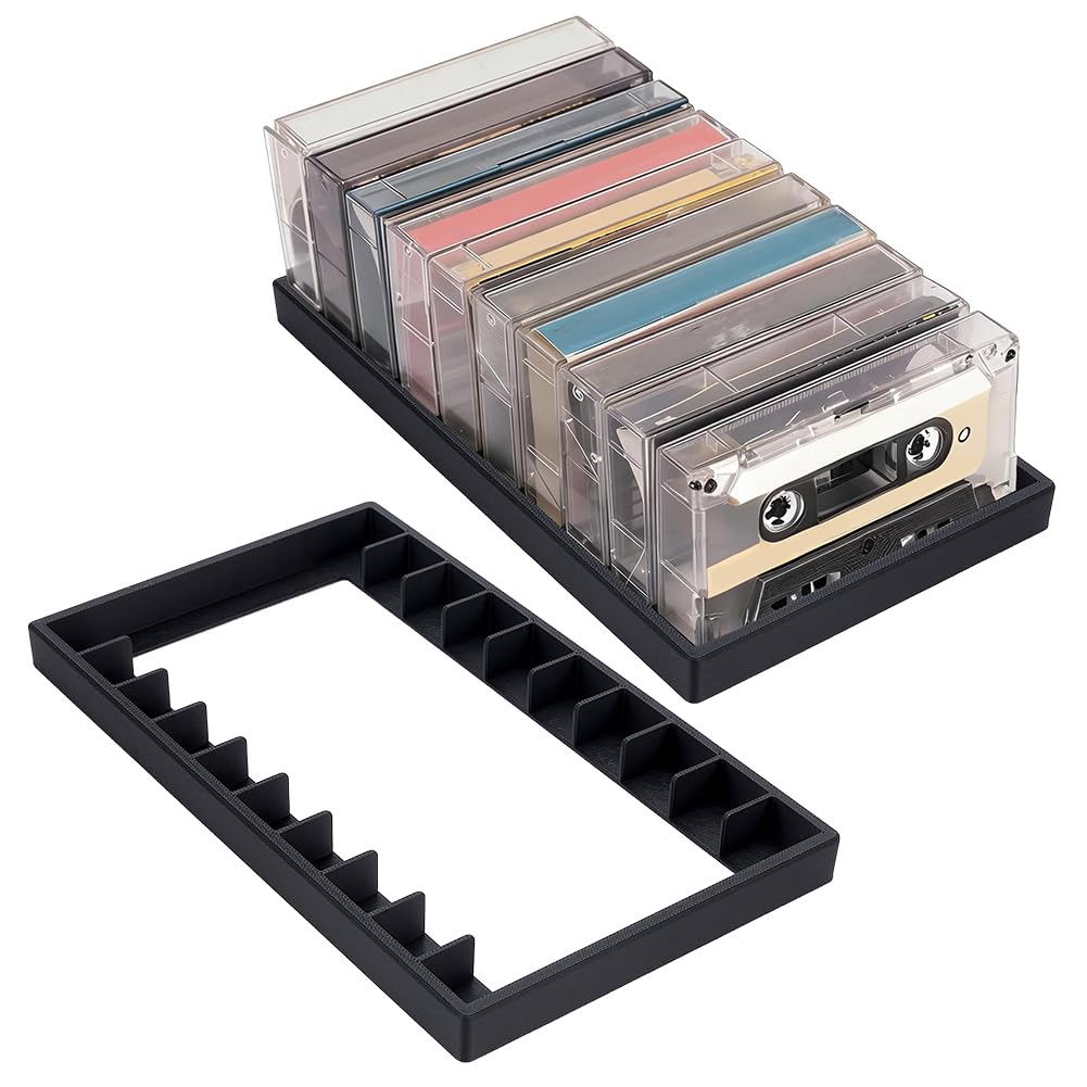 PH PandaHall 2pcs x 10 Slots Cassette Tape Storage Organizer Rack Black Tape Organizer Rack Plastic Audio Cassette Tapes Holder for Home Office Studio Collectors Theater Room, Easy to Move