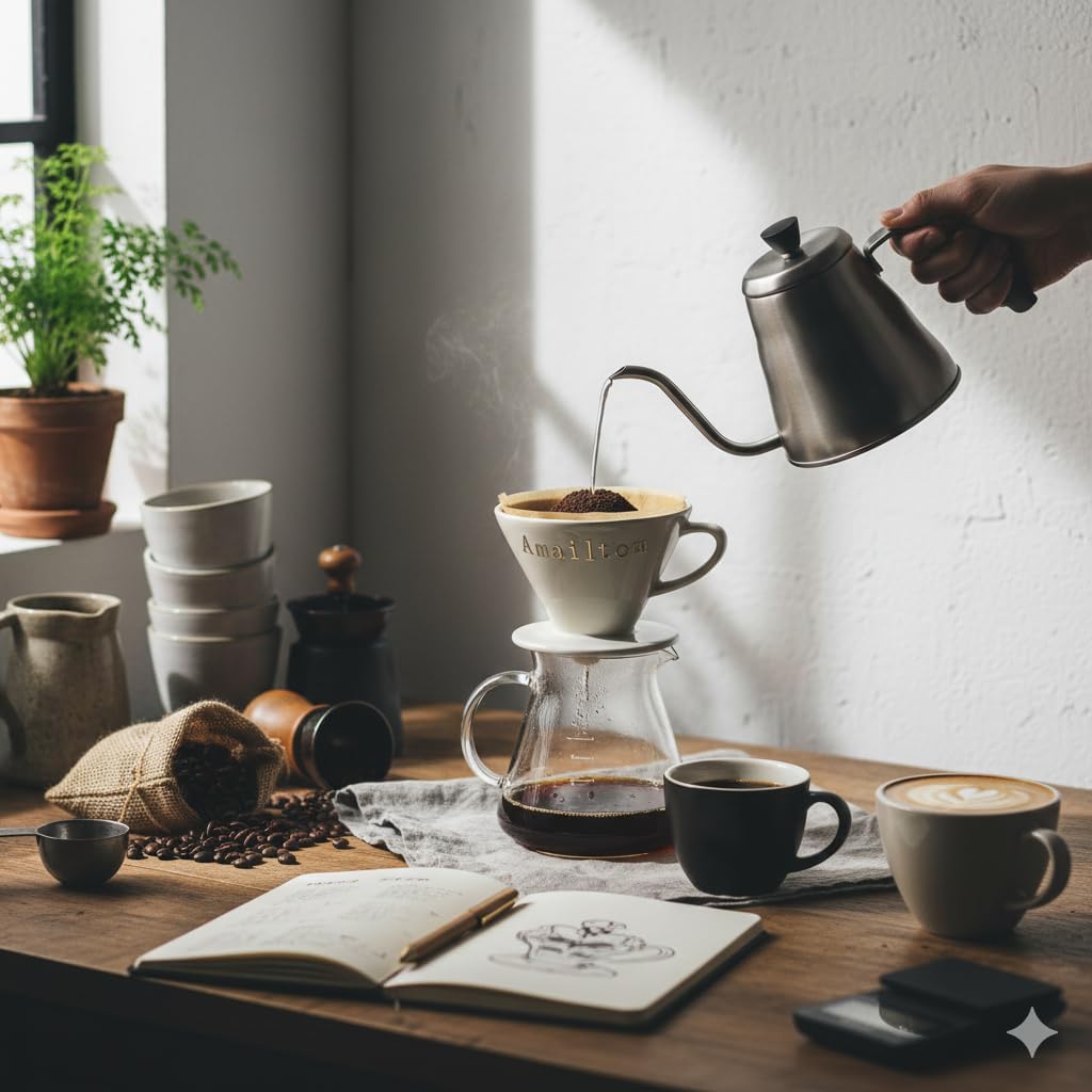 Amailtom Ceramic Pour Over Coffee Dripper, Manual Slow Brew Coffee Maker with Open Base Design for Precise Extraction, Single Cup Porcelain Brewer, White