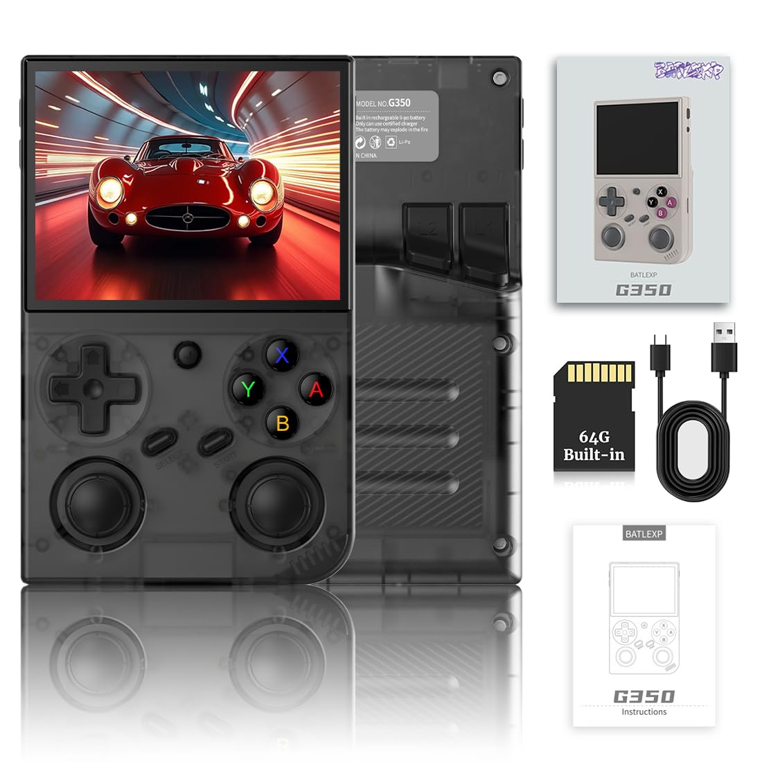 G350 Retro Handheld Game Console, Lettore di gioco retrò portatile, Schermo IPS da 3,5 pollici, Linux Open Source System Costruito in 64G con oltre 4000 giochi classici (grigio