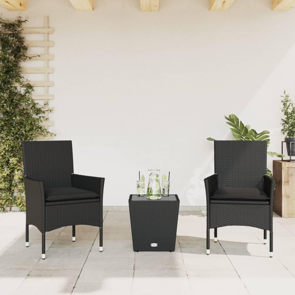Set da 3 pezzi con cuscini neri in polyrattan e vetro per balcone, giardino o terrazza con cuscini imbottiti spessi e rivestimenti sfoderabili.