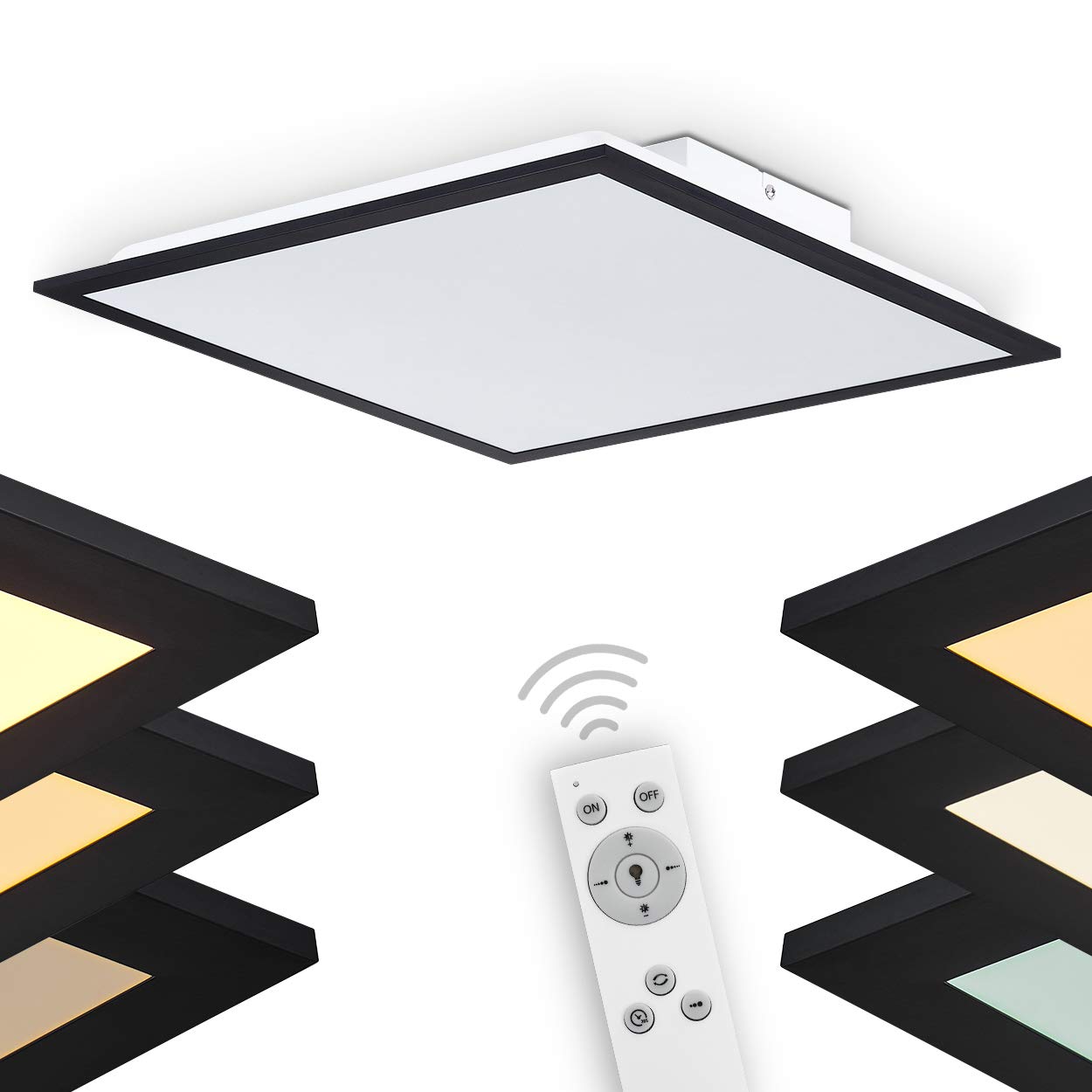Plafonnier LED Panel Farc en métal/en noir/blanc, 28 watts, hauteur 6,5 cm max. 27 cm, 1960 lumens, 2700-5000 K, panneau de plafond à intensité variable et modifiable avec la télécommande fournie